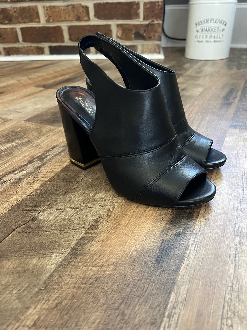 MICHAEL Michael Kors Black Leather Peep-Toe Slingback Block Heels
